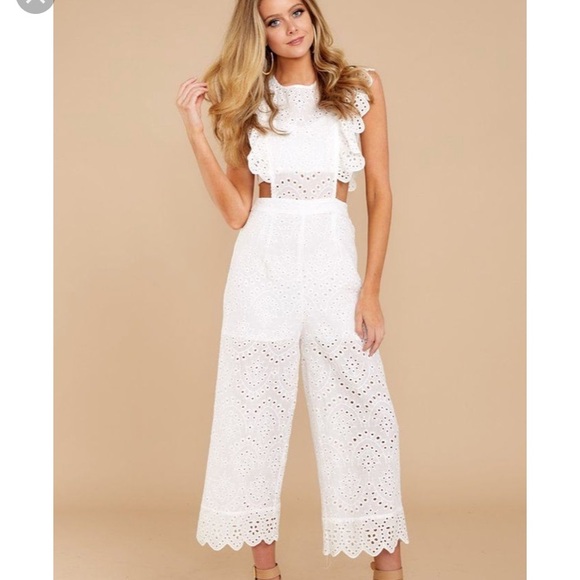 Stella Laguna Beach Pants - White lace cutout ruffle jumpsuit